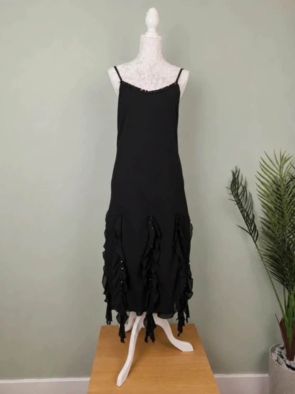 Elegant Black Spaghetti-Strap Maxi Dress with Ruffle Trim